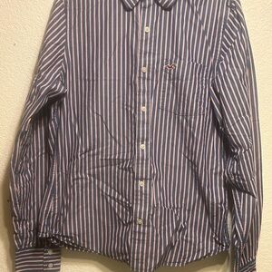 Hollister Navy and White Striped Button Down Shirt